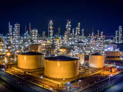 Oil refinery plant from bird eye view at night